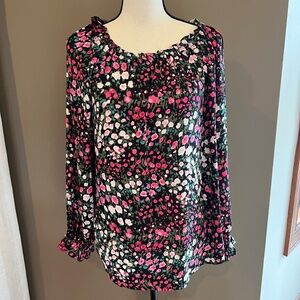 Talbots Women's Black Pink Floral Smocked Peasant Cottagecore, Size Medium